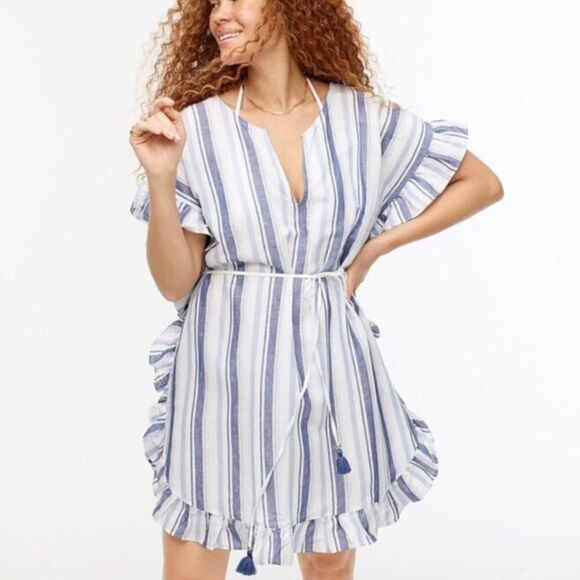 J. Crew White And Blue Stripes Linen Cotton Side-Ruffle  Tunic Dress Size S - Picture 1 of 9